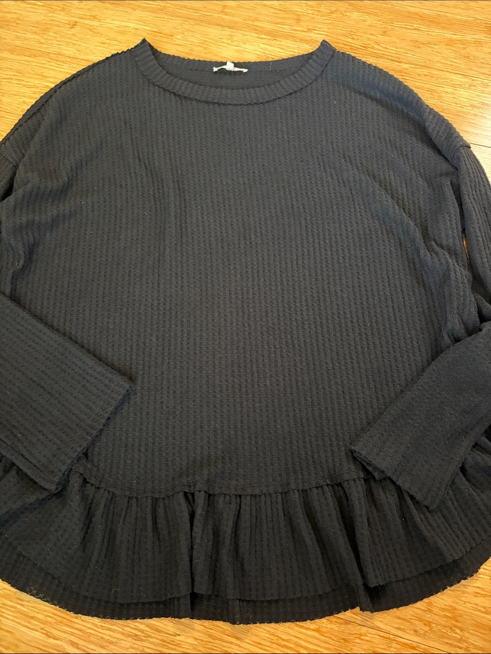 Easel Waffle Knit Ruffle Hem Peplum Top Black Plus Size 3X boho cozy soft warm